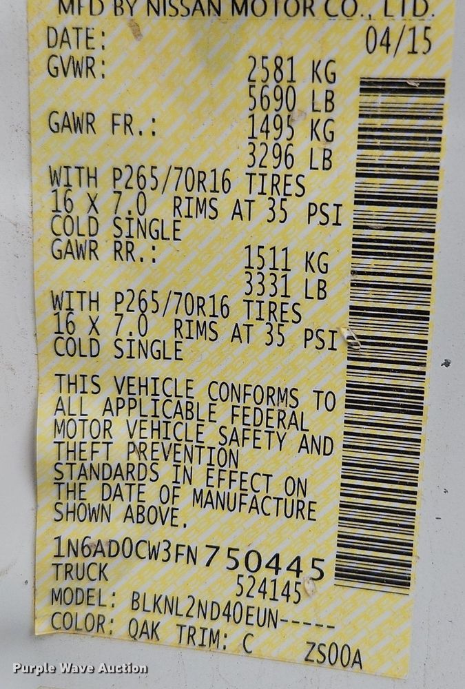 image for item EI3719 2015 Nissan Frontier  flatbed pickup truck