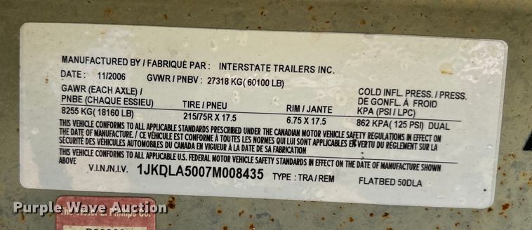 image for item EJ0567 2007 Interstate 50DLA equipment trailer