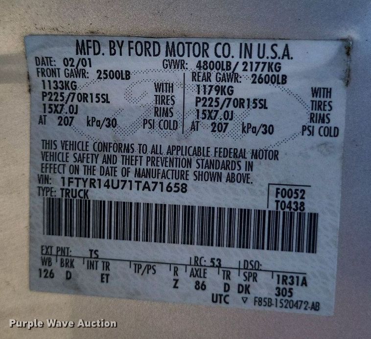 image for item EJ7940 2001 Ford Ranger XLT SuperCab pickup truck