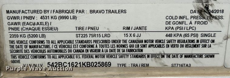 image for item EK4535 2019 Bravo ST716TA3 enclosed cargo trailer