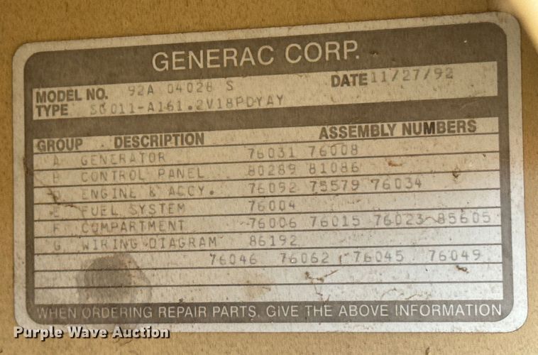 image for item ND9234 1992 Generac 92A04028-S generator