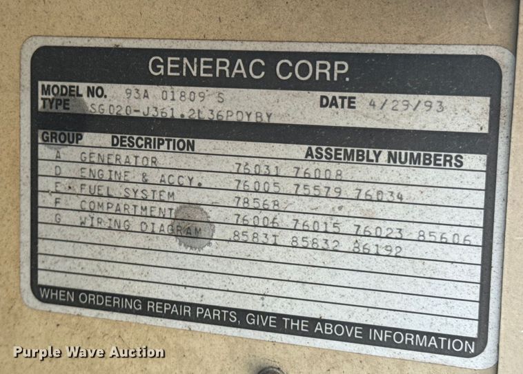 image for item ND9235 1993 Generac  93A01809-S generator