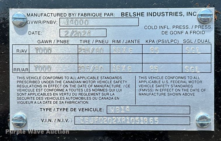 image for item NR9811 2024 Belshe  WB14 equipment trailer