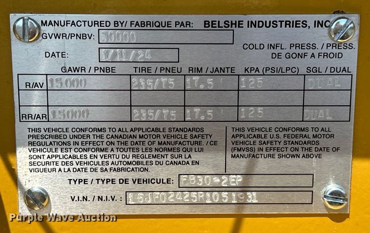 image for item NR9812 2024 Belshe  FB30-2EP equipment trailer