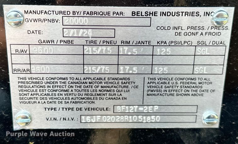 image for item NR9814 2024 Belshe BF12T-2EP equipment trailer