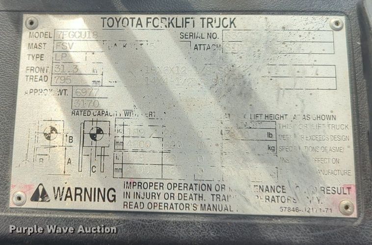 image for item NZ9652 Toyota 7FGCU18 forklift