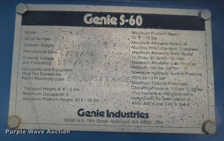 image for item NZ9709 1994 Genie S60 boom lift
