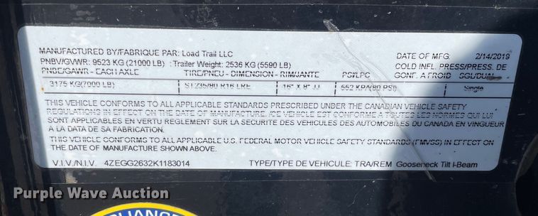 image for item OG9892 2019 Load Trail  tilt deck equipment trailer