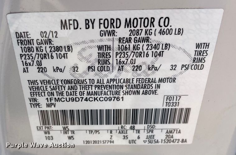 image for item OG9893 2012 Ford  Escape XLT SUV