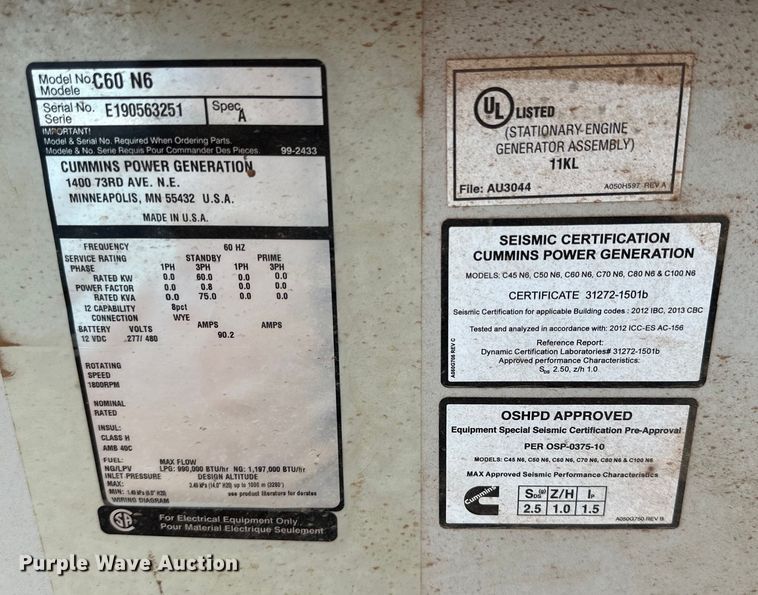 image for item DK6561 Cummins C60 N6 generator