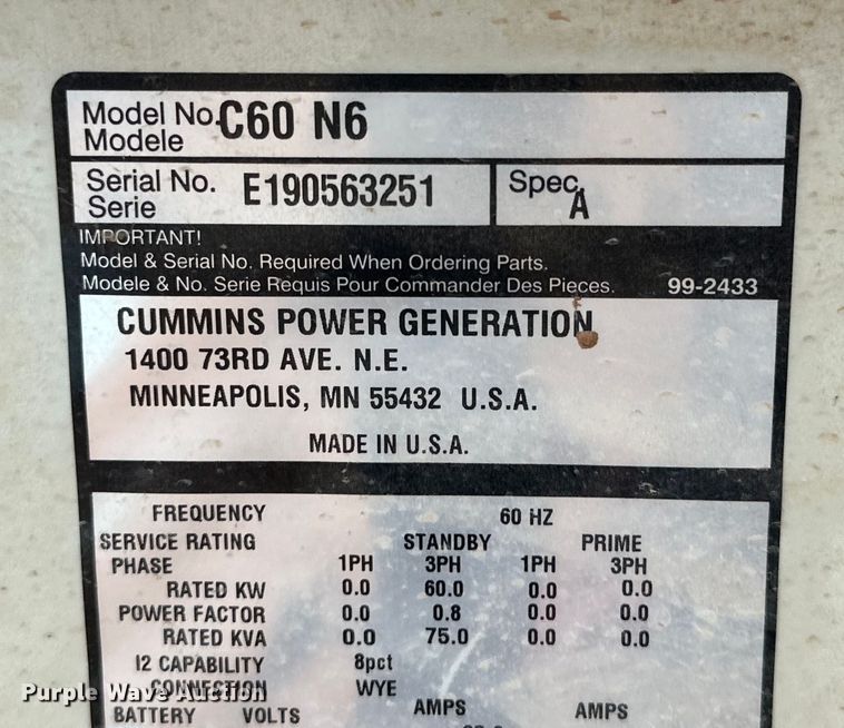 image for item DK6561 Cummins C60 N6 generator