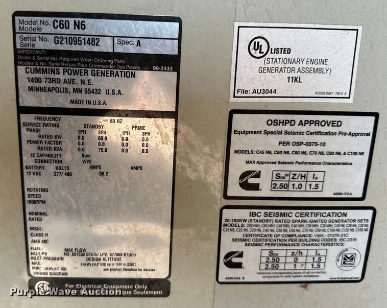 image for item DK6562 Cummins C60 N6 generator