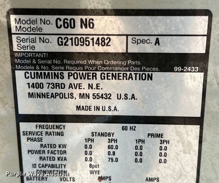 image for item DK6562 Cummins C60 N6 generator