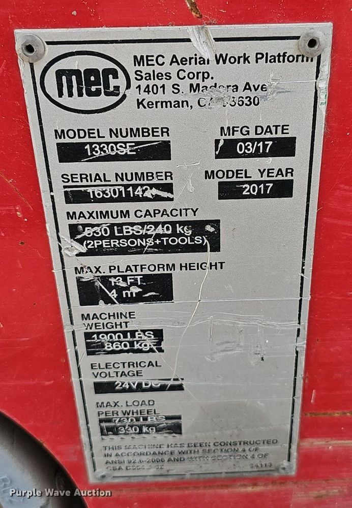 image for item DP0870 2017 MEC 1330SE scissor lift