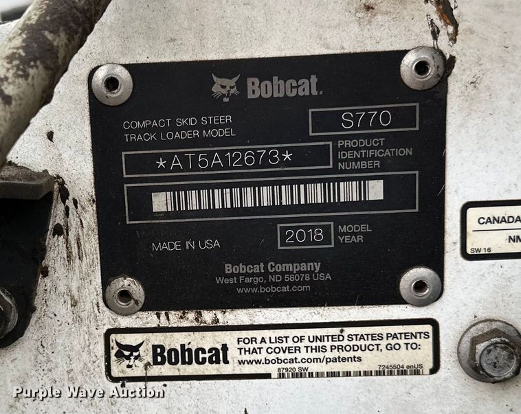 image for item DQ0776 2018 Bobcat S770 skid steer loader