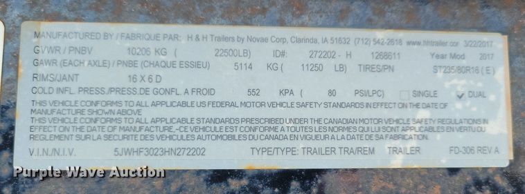 image for item DR4287 2017 H & H FD306 equipment trailer