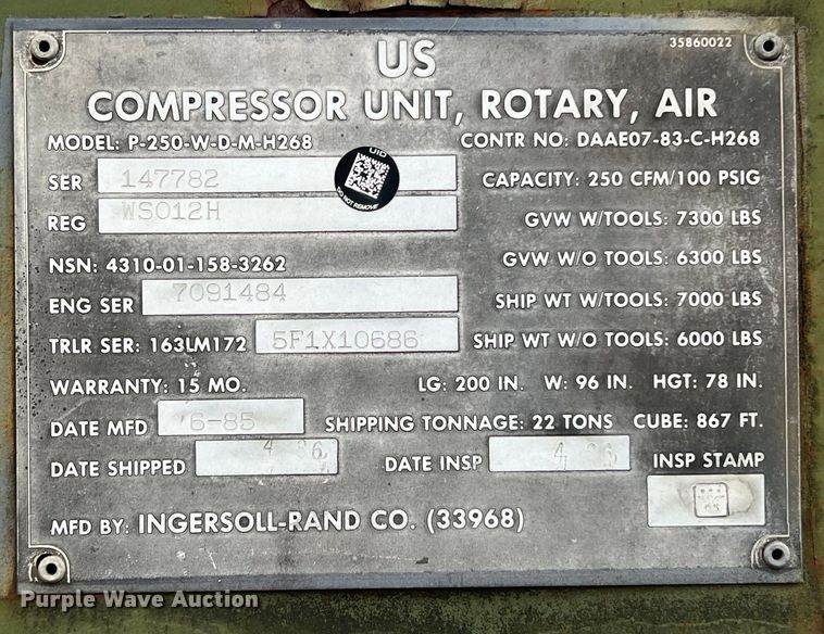 image for item DS2985 1985 Ingersoll-Rand P-250-W-D-M-H268 air compressor