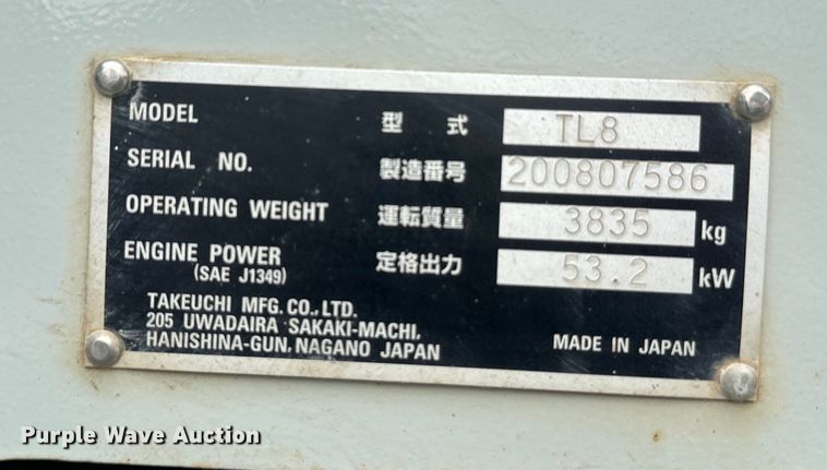 image for item DU3003 2019 Takeuchi TL8 tracked skid steer loader