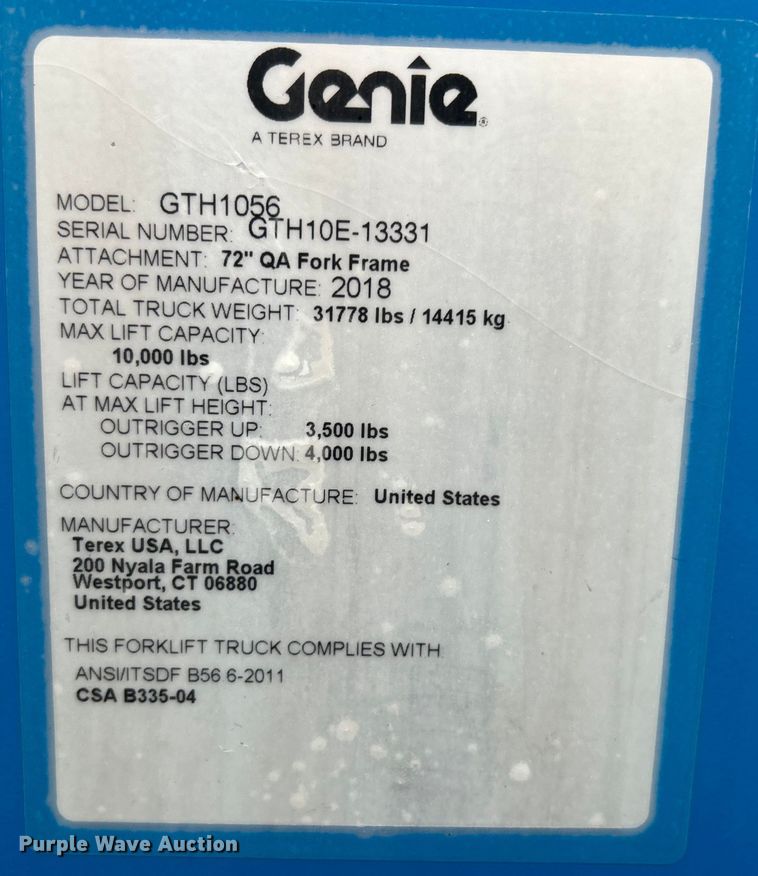 image for item EG1503 2018 Genie GTH-1056 telehandler