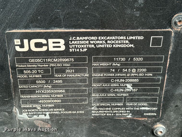 image for item EJ0522 2021 JCB 505-20 tool carrier telehandler