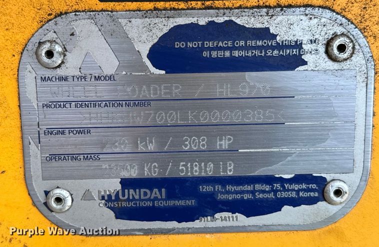 image for item EJ0597 2019 Hyundai  HL970 wheel loader