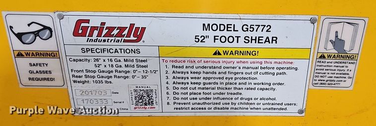 image for item EJ6225 2017 Grizzly  G5772 metal shear