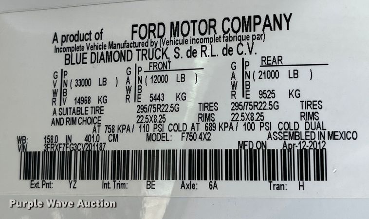 image for item LD9461 2012 Ford F750 Super Duty XL bucket truck