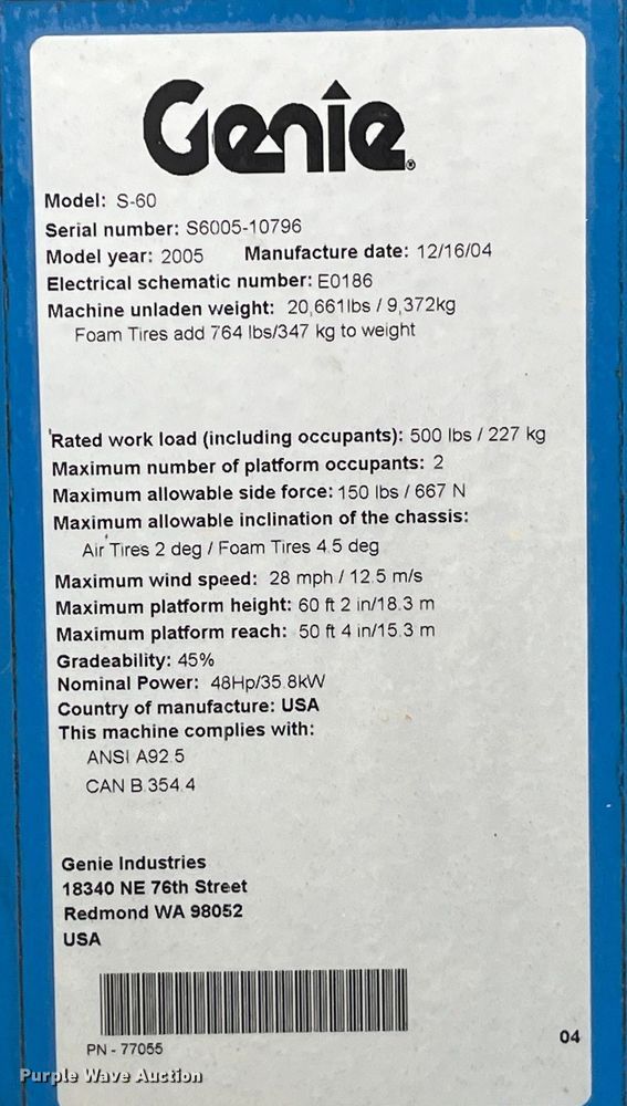 image for item LD9489 2005 Genie S-60 boom lift