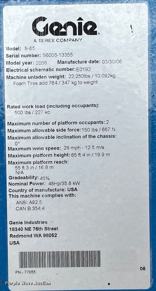 image for item LD9490 2006 Genie  S-65 boom lift