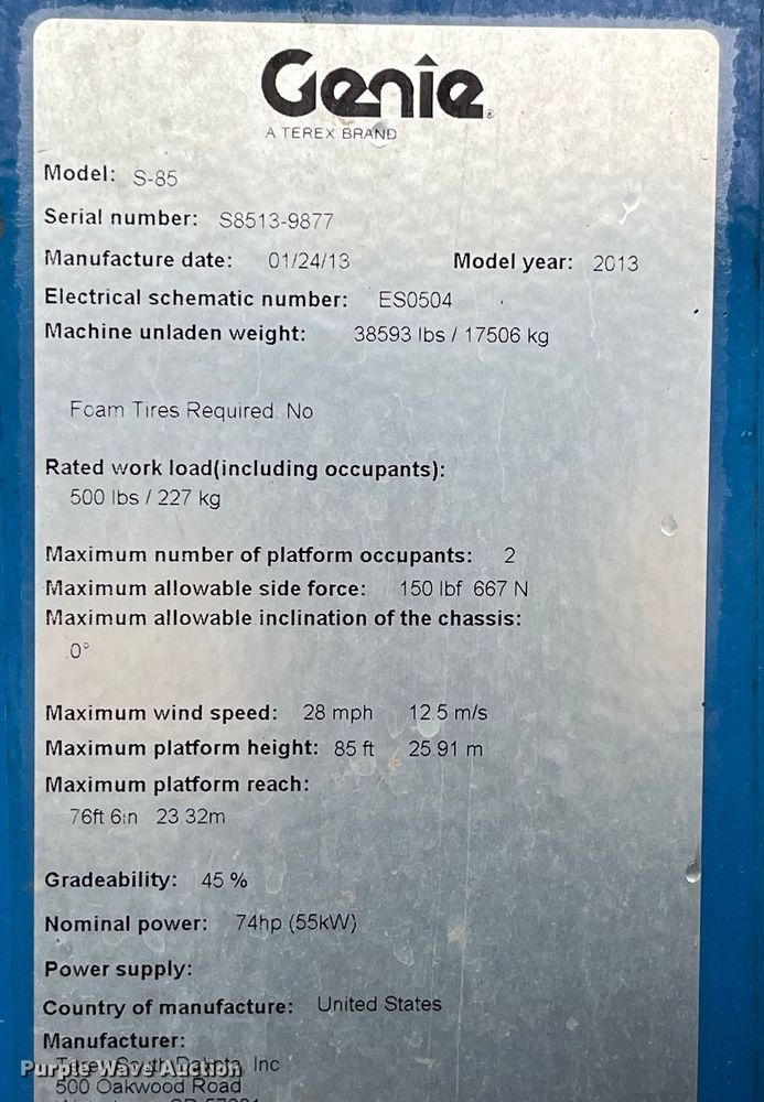 image for item LD9493 2013 Genie  S-85 boom lift