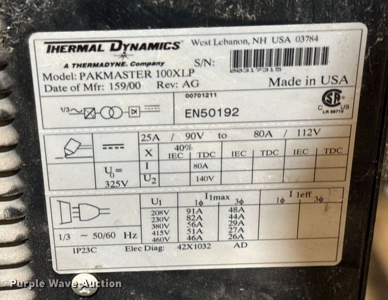 image for item NV9085 Thermal Dynamics  100 XL Plus plasma cutter