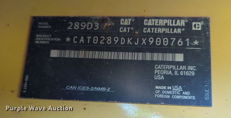 image for item NZ9685 2019 Caterpillar 289D3 skid steer loader