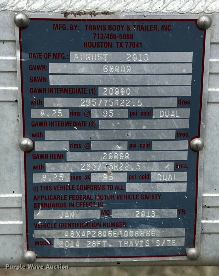 image for item OE9118 2014 Travis Body S/76 ejector trailer