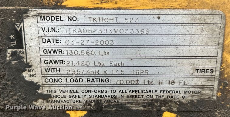 image for item OE9138 2003 Trail King TK110HT-523 drop deck hydratail equipment trailer