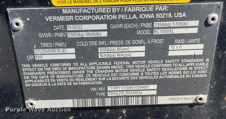 image for item OG9894 2022 Vermeer  BC1000XL wood chipper