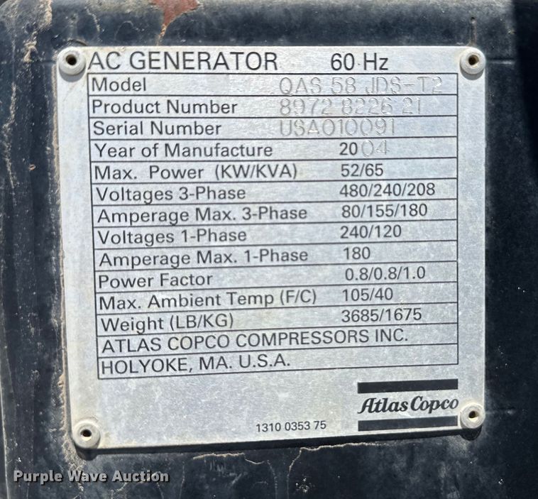 image for item OI9070 2004 Atlas Copco QAS 58JD generator