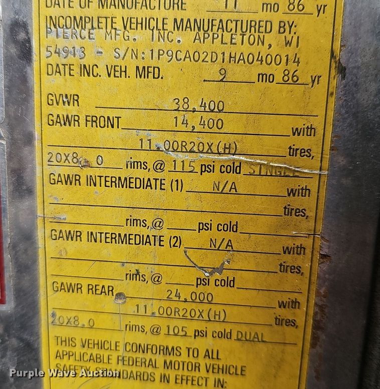 image for item DM1585 1987 Pierce fire truck