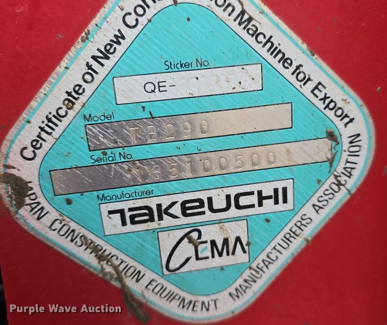 image for item DM1658 2014 Takeuchi TB290 mini excavator