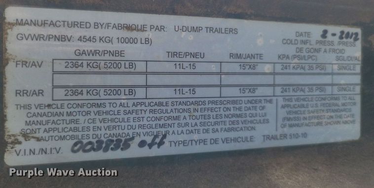 image for item DR4765 2012 U-Dump 510-10 dump trailer