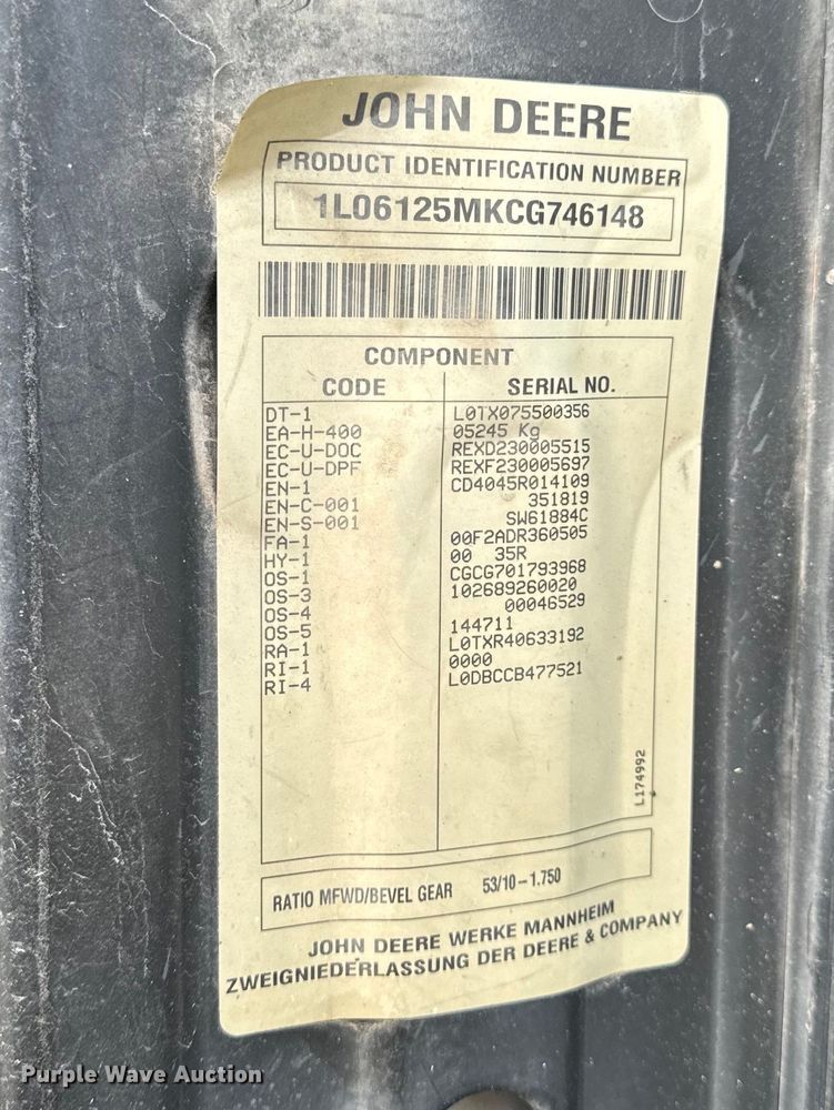 image for item EH6732 2012 John Deere 6125M MFWD tractor