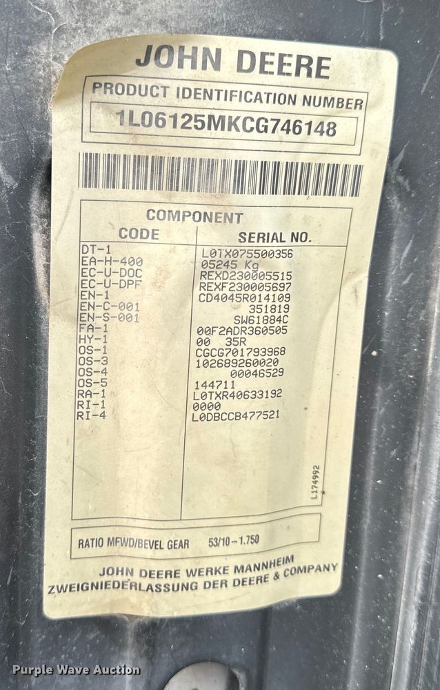 image for item EH6732 2012 John Deere 6125M MFWD tractor