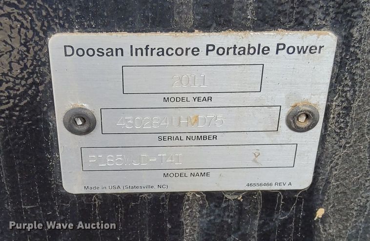 image for item LO9020 2011 Ingersoll Rand  P185 air compressor