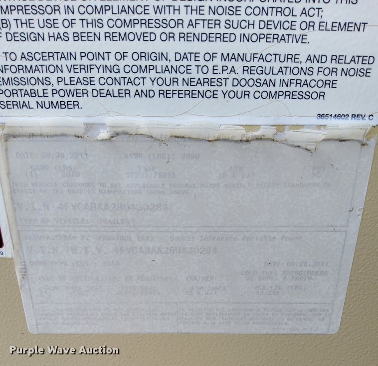 image for item LO9020 2011 Ingersoll Rand  P185 air compressor