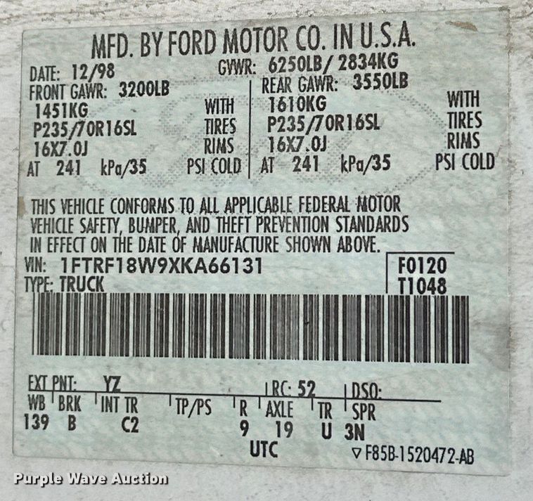 image for item NR9780 1999 Ford F150 pickup truck