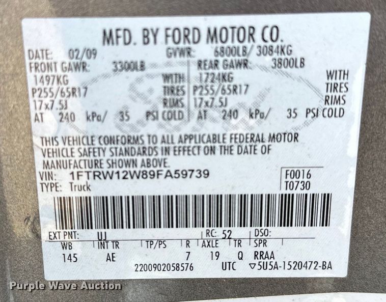 image for item NR9783 2009 Ford F150 SuperCrew pickup truck