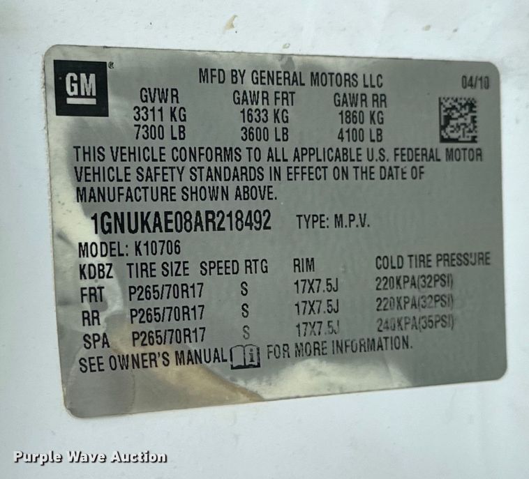 image for item NR9880 2010 Chevrolet  Tahoe  SUV