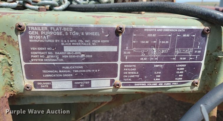 image for item NZ9807 1991 D&S Mfg. CO M1061A1 equipment trailer