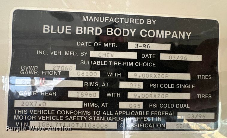 image for item OA9642 1996 Blue Bird school bus