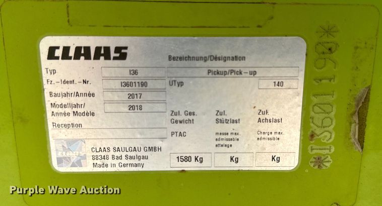 image for item DK6834 2018 Claas 380 Pickup pickup head