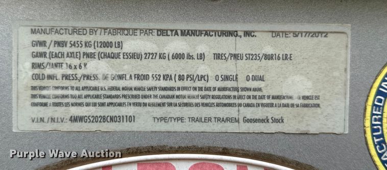 image for item NR9765 2012 Delta  livestock trailer